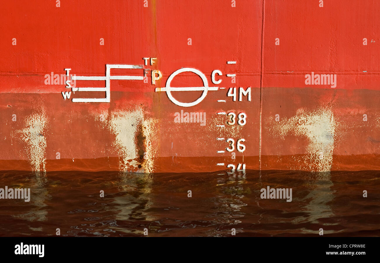 Cargo ship red hull texture with waterline and scale of draft Stock Photo