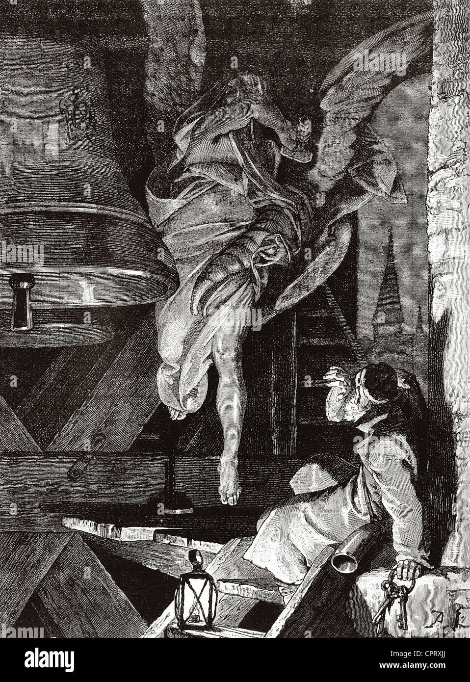 Allegory of the last hour of the year. Engraving at The Artistic Illustration, 1884. Stock Photo