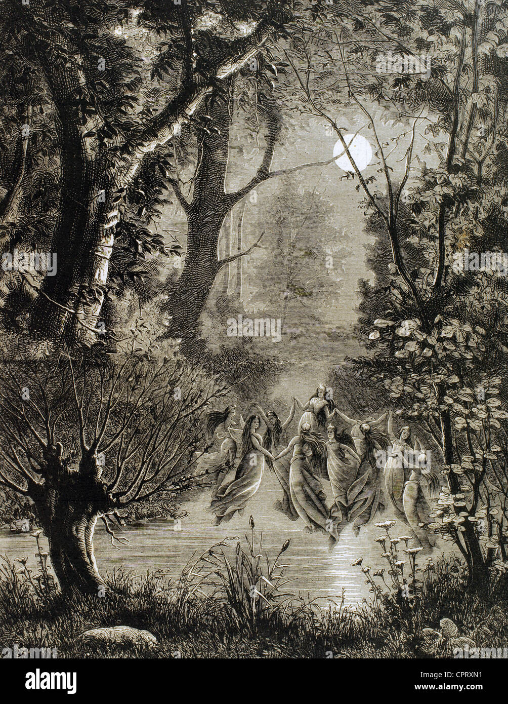 Spirits of nature. Undines in a circle over the water of a river. Engraving of The Illustration, 1885. Stock Photo