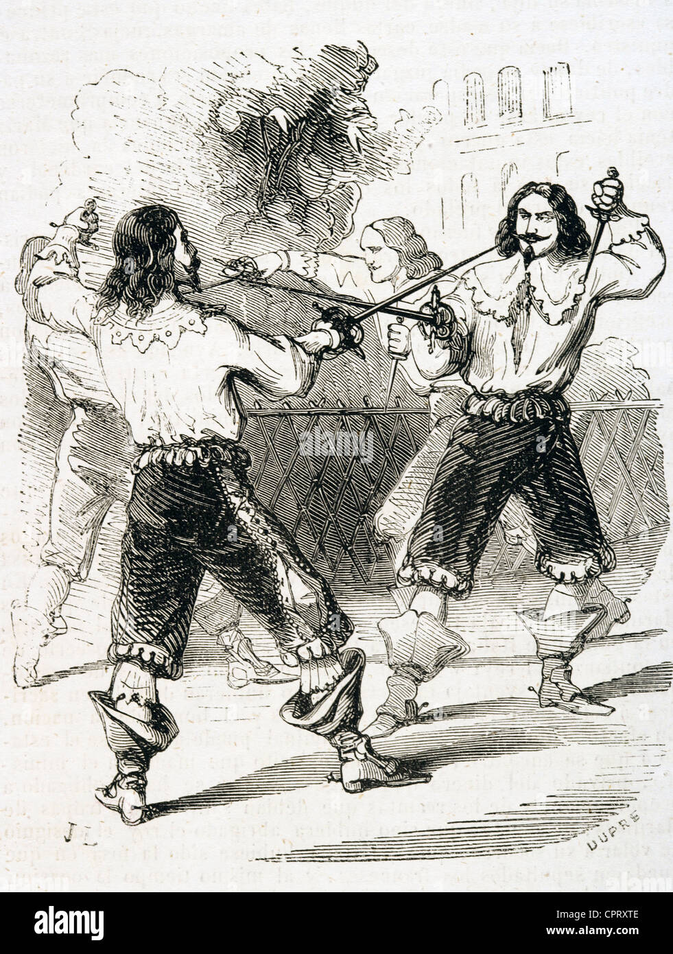 Affair of honor. Duel with swords to repair personal offense. 18th century. Engraving by Dupre. Stock Photo