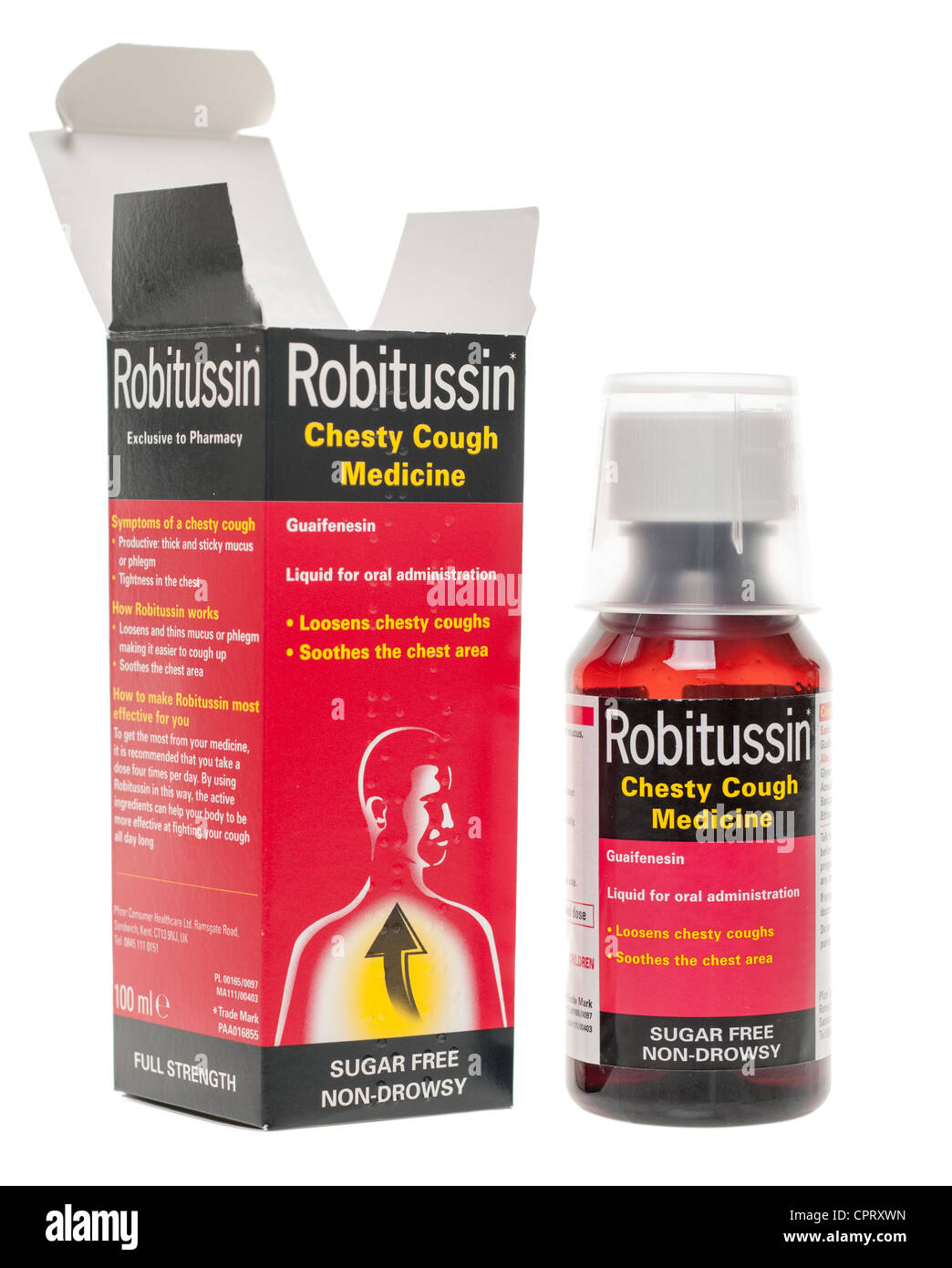 Bottle of Robitussin cough medicine mixture Stock Photo