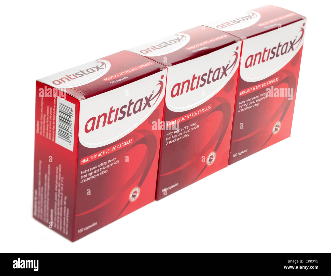 Three boxes of Antistax active leg capsules containing 100 capsules each Stock Photo