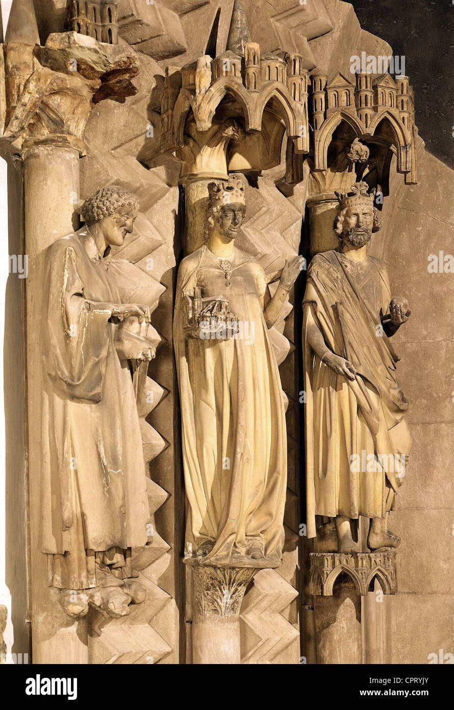 Henry II 'the Saint', 6.5.973 - 13.7.1024, Holy Roman Emperor, 14.2.1014 - 13.7.1024, with wife Empress Kunigunde and Saint Stephan, stone sculpture, Lapidarium, Bamberg, Stock Photo