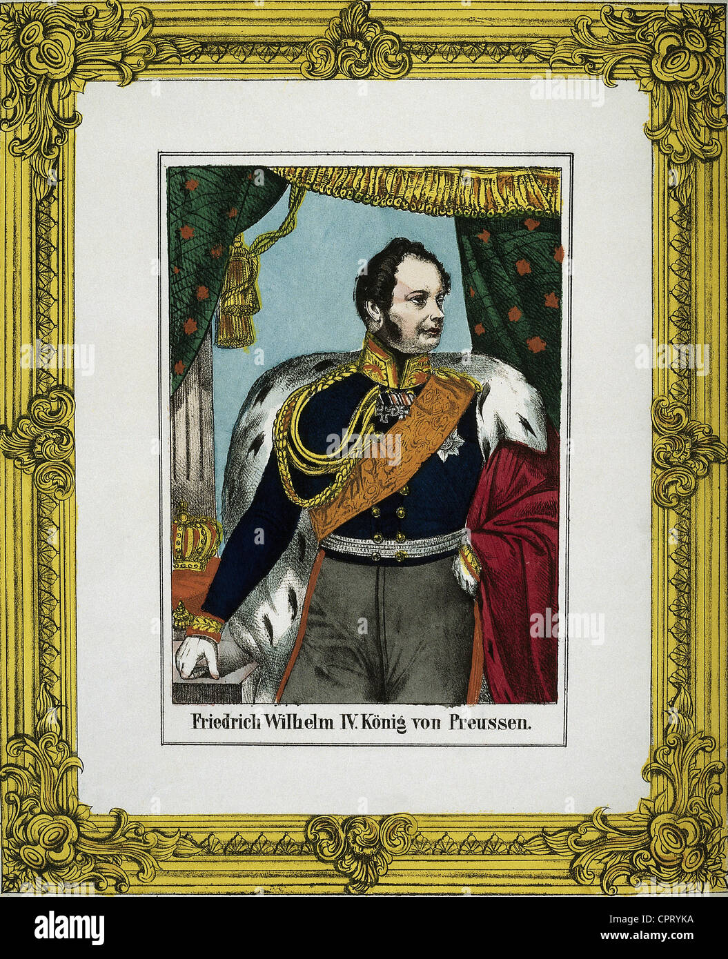 Frederick William IV, 15.10.1795 - 2.1.1861, King of Prussia 7.6.1840 - 26.10.1858, half length with golden frame, coloured lithograph, Oehmigke and Riemenschneider, Neuruppin, Germany, 19th century, Stock Photo