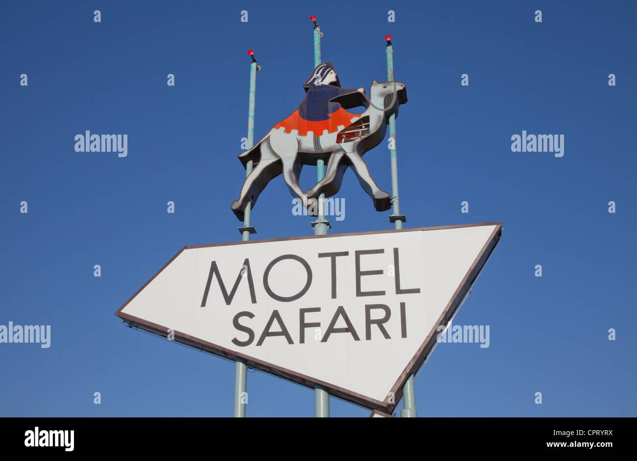 Close-up of Motel safari sign, old Route 66, Tucumcari, New Mexico. Stock Photo