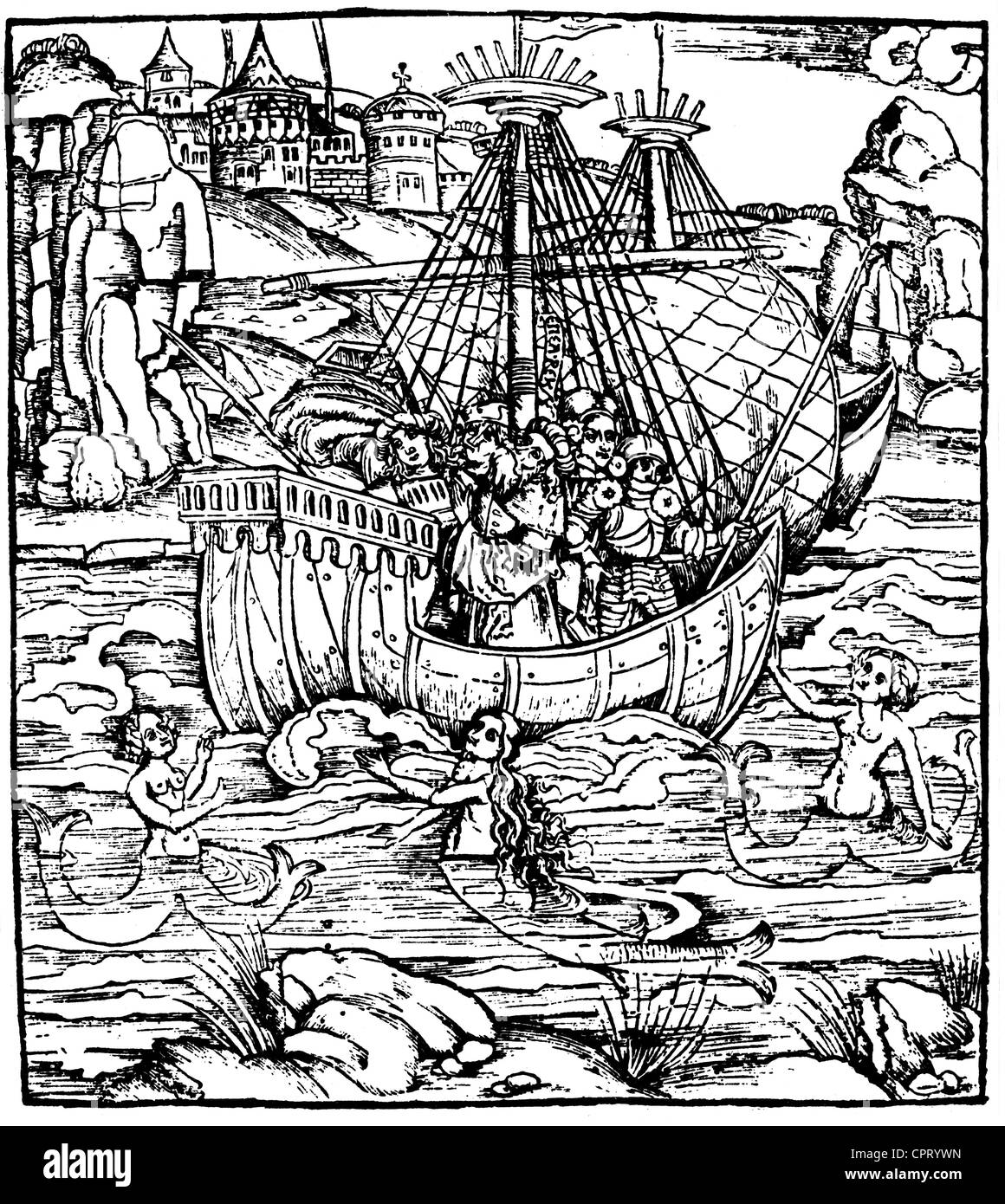 Odysseus (Ulysses), hero of the classical legend, and the Sirens, woodcut from 'L'Eneide' by Grueninger, Strasbourg, 1505, Stock Photo