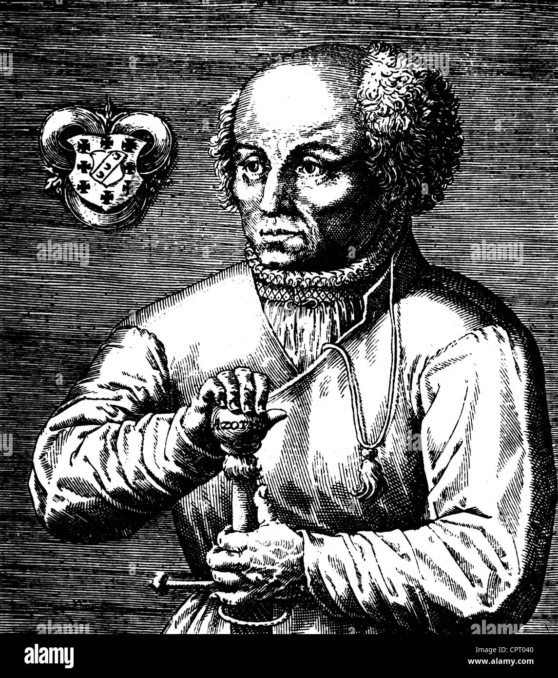 Paracelsus, Philippus, 10.11.1493 - 24.9.1541, Swiss physician (medical doctor), philosopher, half length, based on a image by A. Hirschvogel, copper engraving, 16th century, Artist's Copyright has not to be cleared Stock Photo