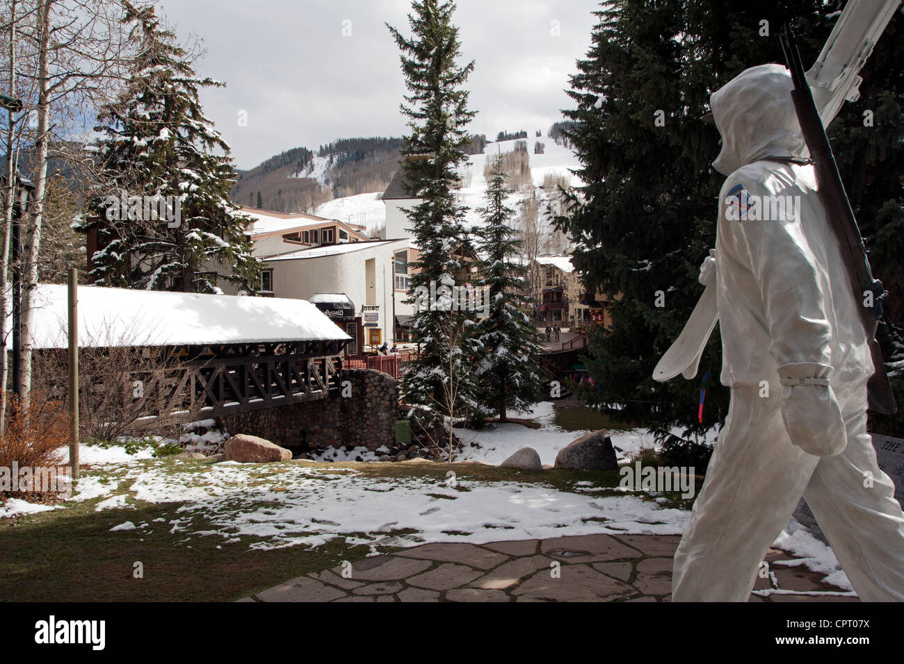 10th Mountain Division Soldier Statue - Vail Village - Vail, Colorado USA Stock Photo