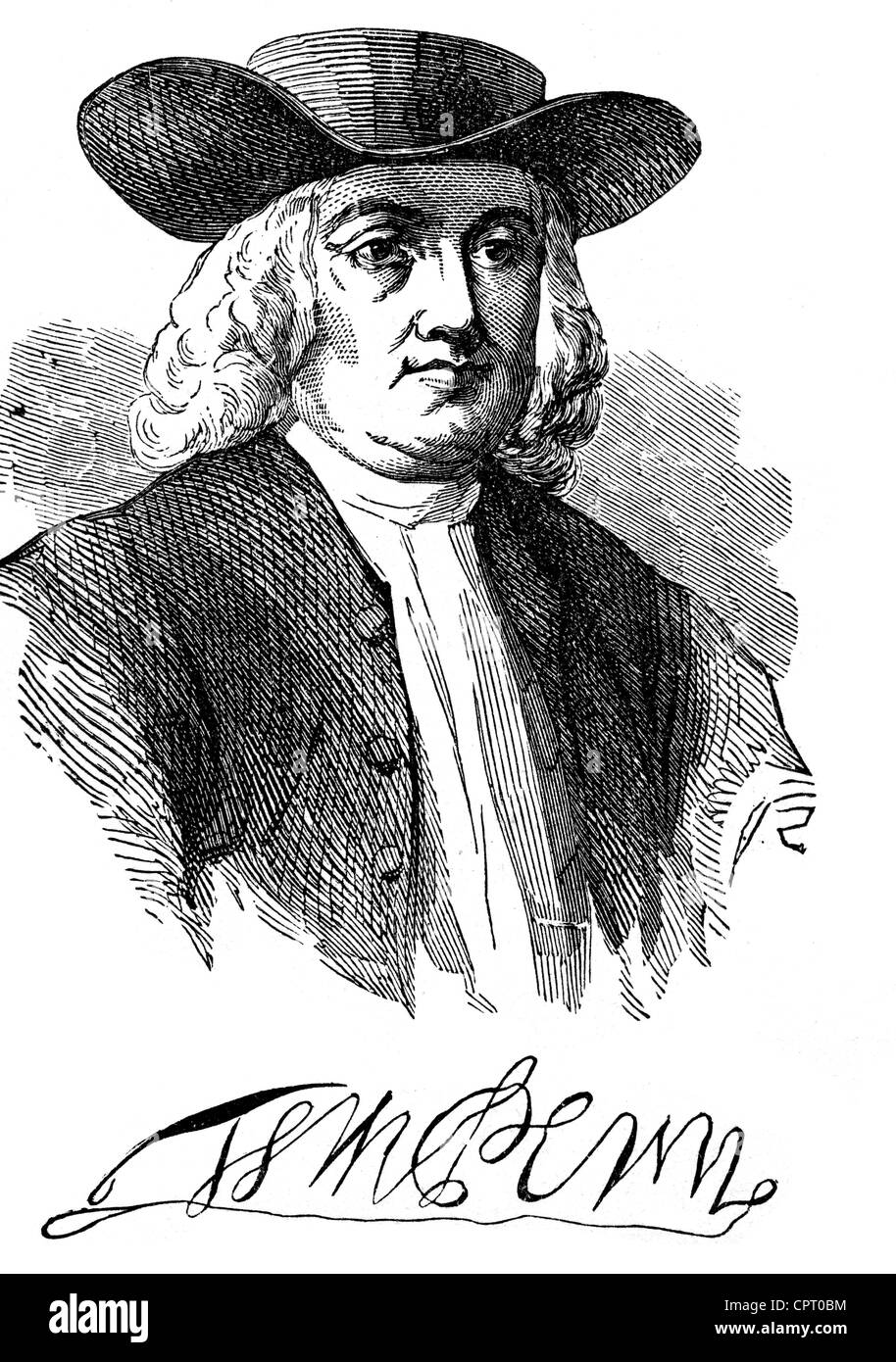 Penn, William, 14.10.1644 - 30.7.1718, English theologian (Quaker), portrait, wood engraving, 19th century, Stock Photo
