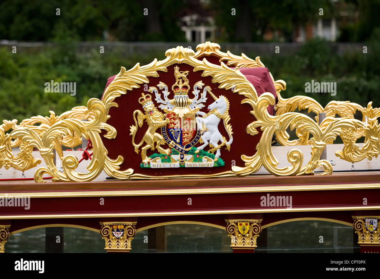 Queen's / Queen Elizabeth's / Elizabeth Rex Royal Crest / cypher on the side of Queen's Royal Barge 'Gloriana'. UK. Stock Photo