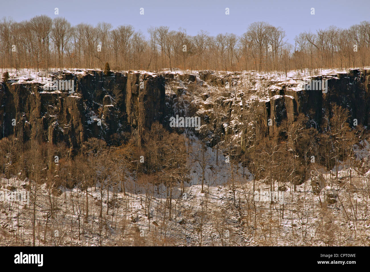 Snow on cliffs, Palisades Interstate Park, Alpine, New Jersey Stock