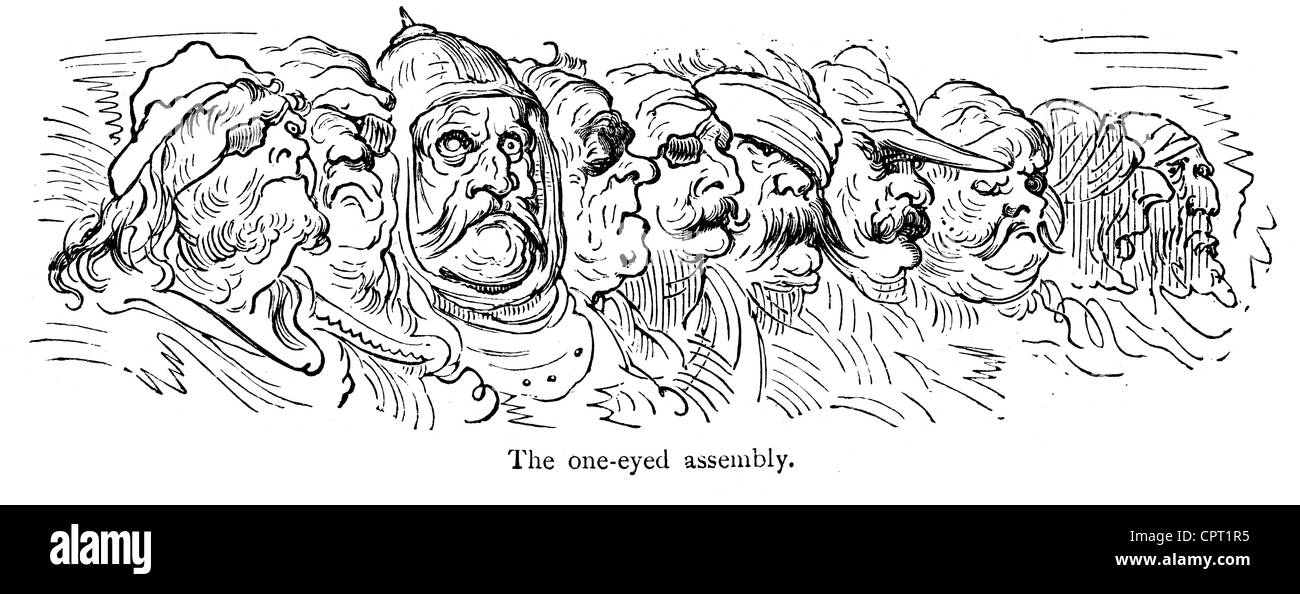 The one eyed assembly. Illustration from the Legend of Croquemitaine by Gustave Doré Stock Photo