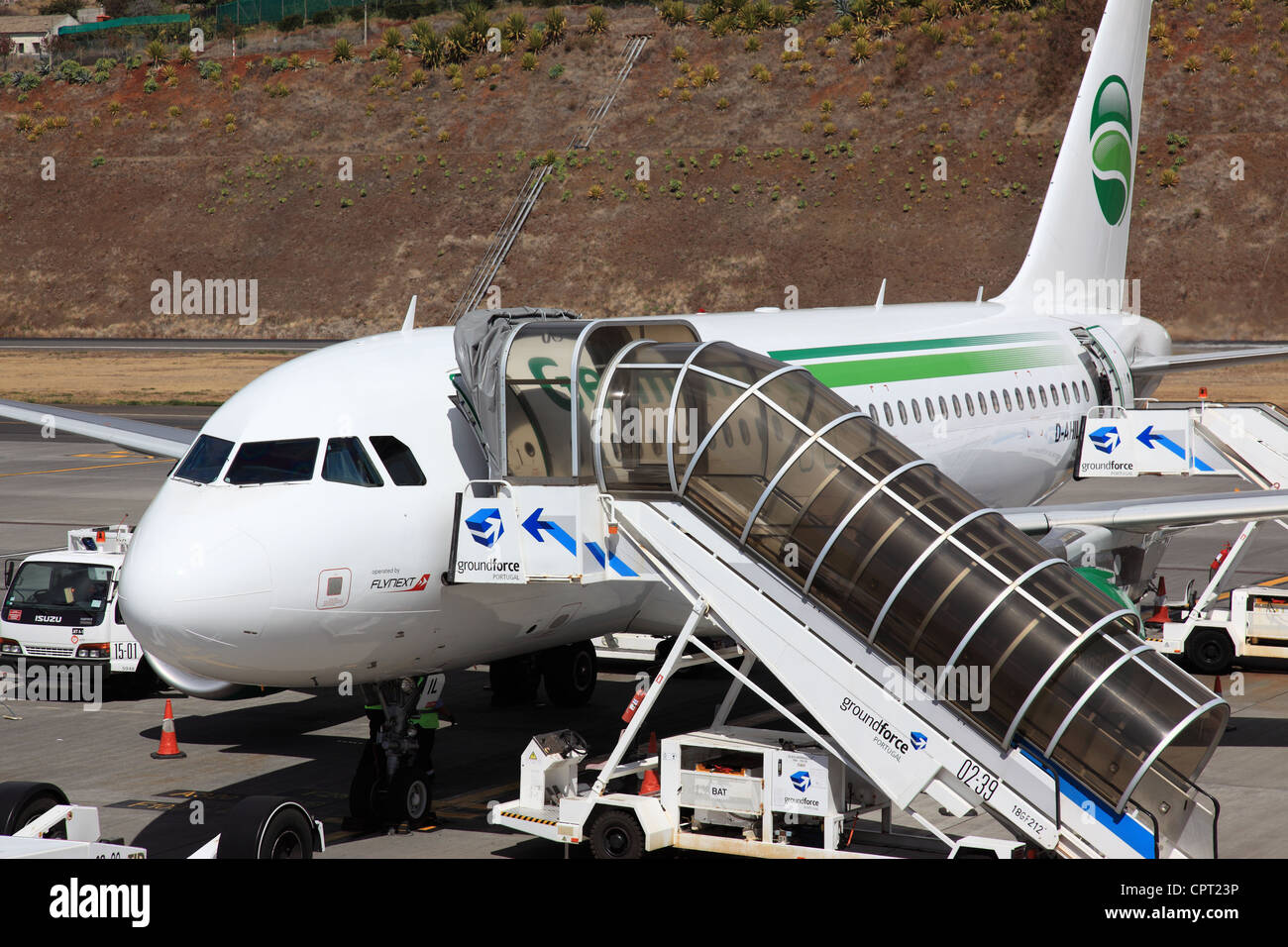 Gangway at Germania Plane at Funchal Airport  FNC, Madeira, Portugal, Europe. Photo by Willy Matheisl Stock Photo