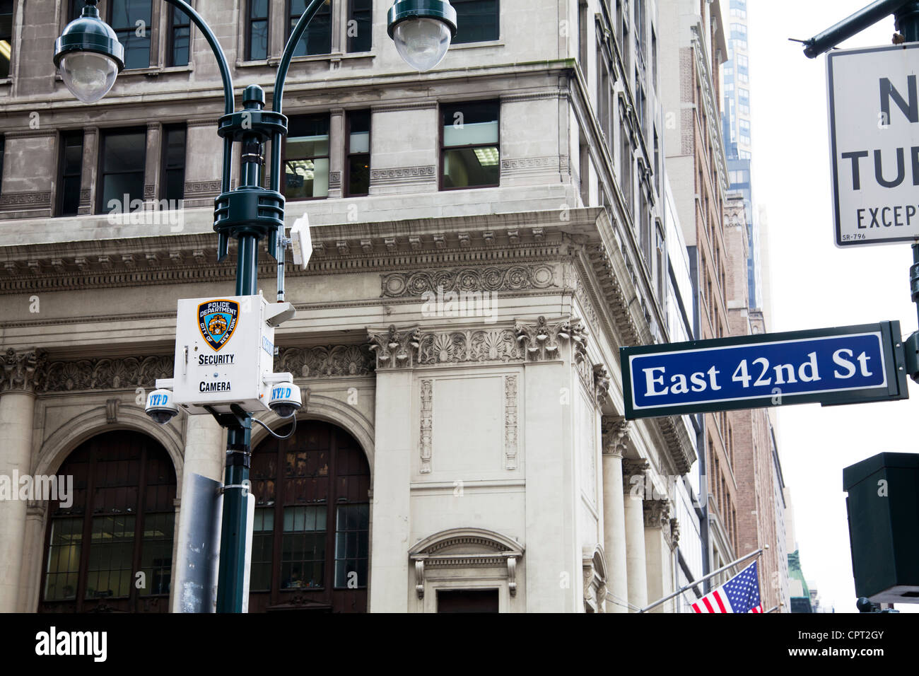 NYPD police camera cctv surveillance high above street on East 42nd Street, Manhattan New York city, typical sight Stock Photo