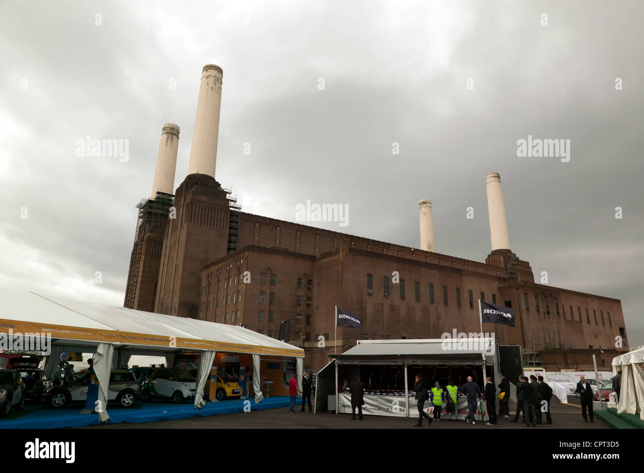 The Iconic Battersea Power Station forming a backdrop to the 2011 low-carbon motor featival, ecovelocity Stock Photo
