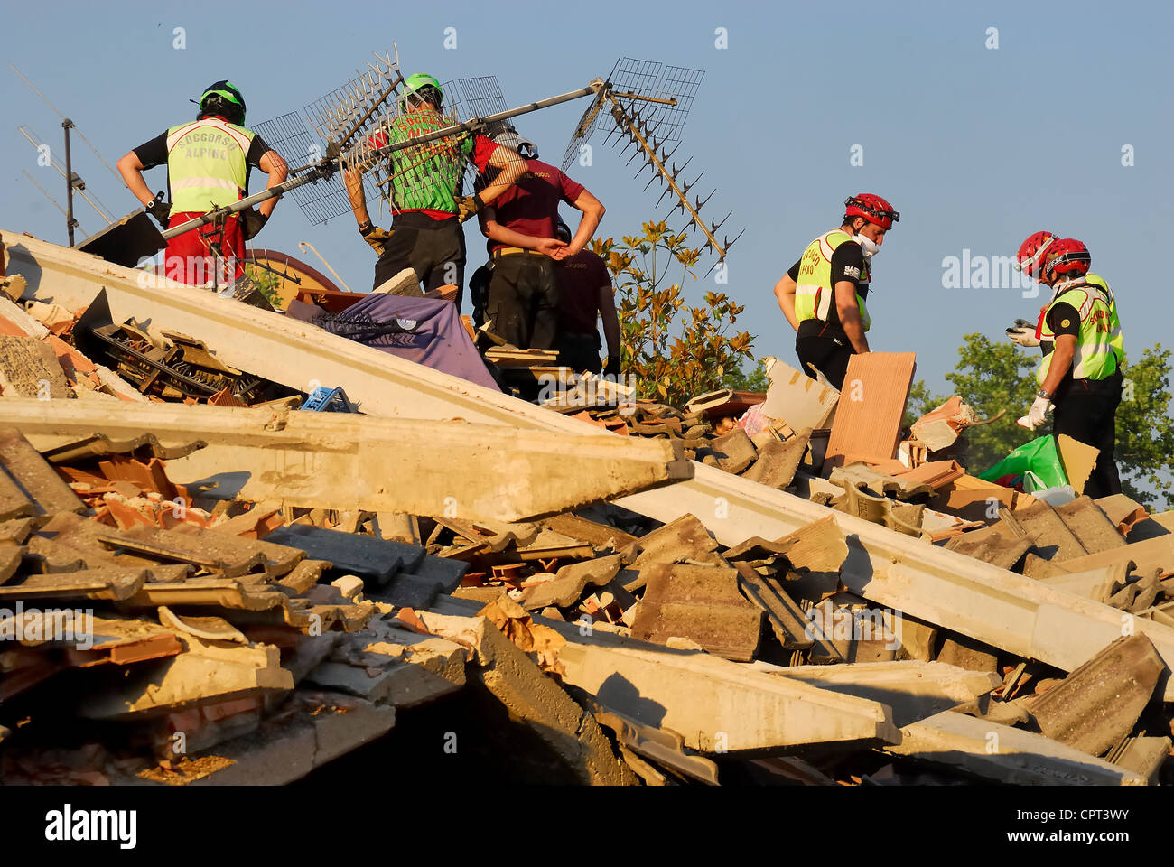 Earthquake in Northern Italy. Cavezzo the firefighters and Alpine Rescue seeking survivors in