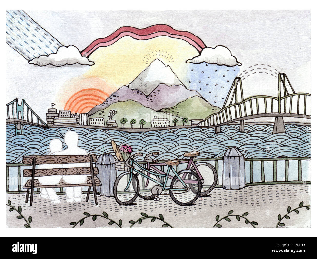 A Scenic View Of Mountains A Bridge Rainbows And Two Bicycles Stock Photo Alamy A Scenic View Of Mountains A Bridge Rainbows And Two Bicycles Stock Photo Alamy