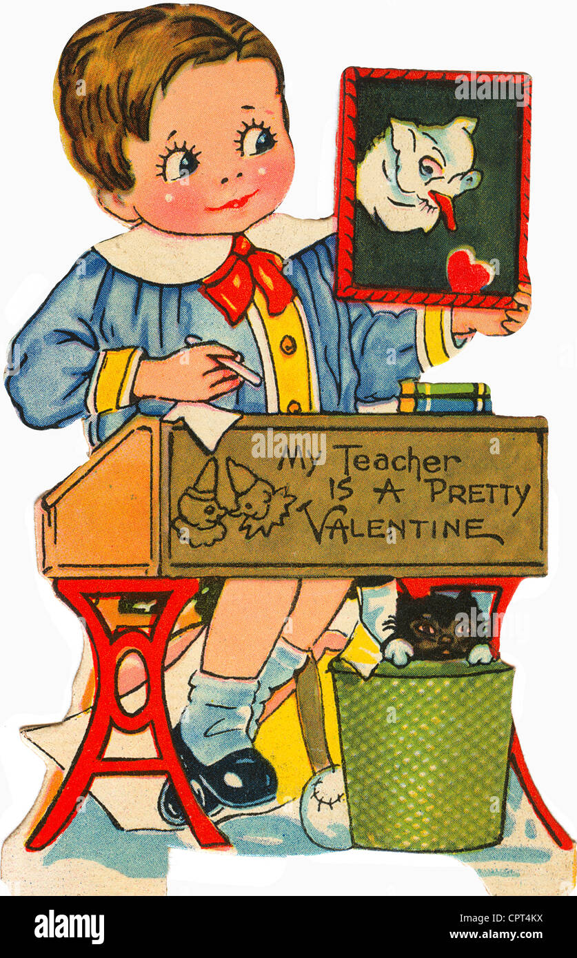 CUTE Vintage Valentine's Day Card, Little Boy Fishing, c 1920s