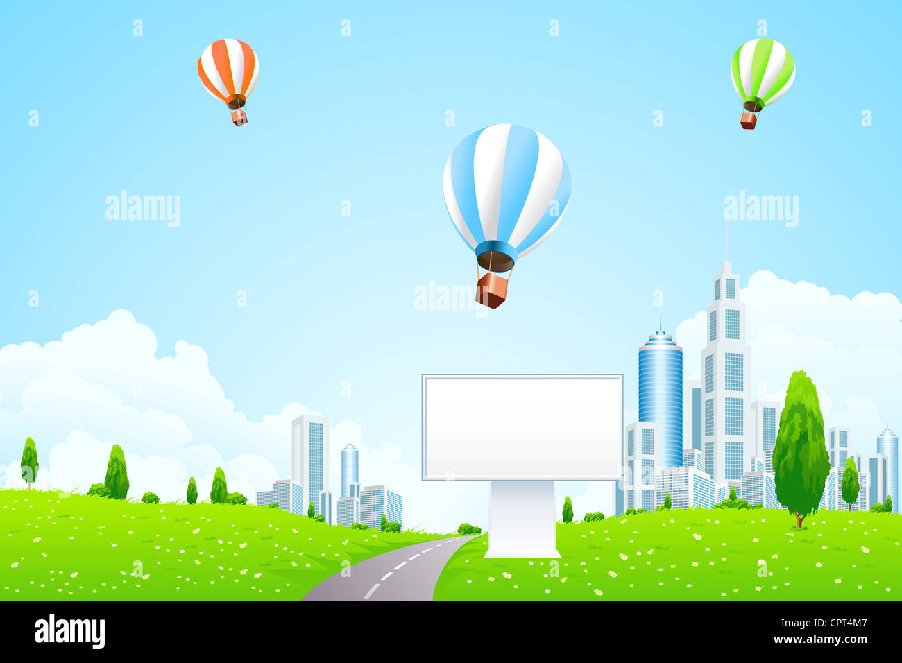 Green landscape with city trees road flowers Balloons and clouds Stock ...