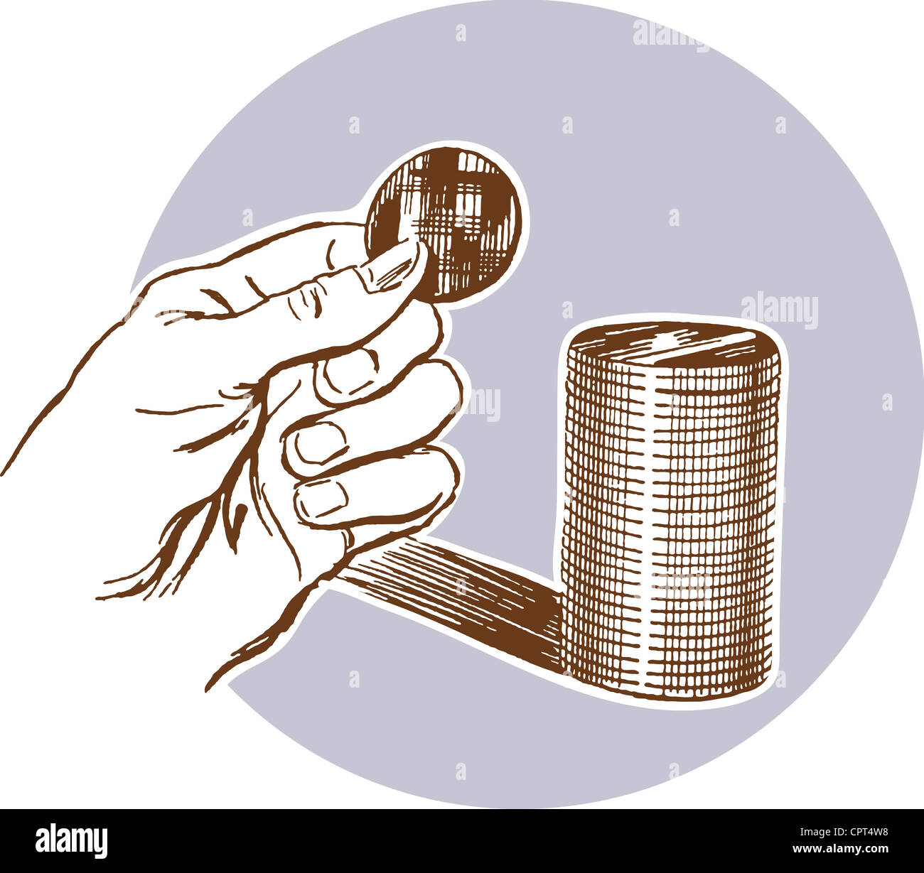 A hand holding a coin with a stack of coins behind Stock Photo - Alamy