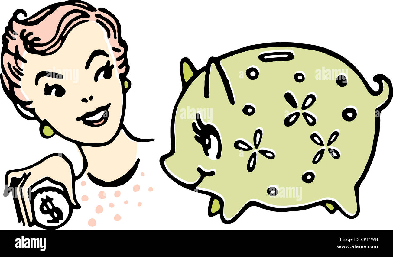 A woman holding a coin while looking at a piggy bank Stock Photo - Alamy