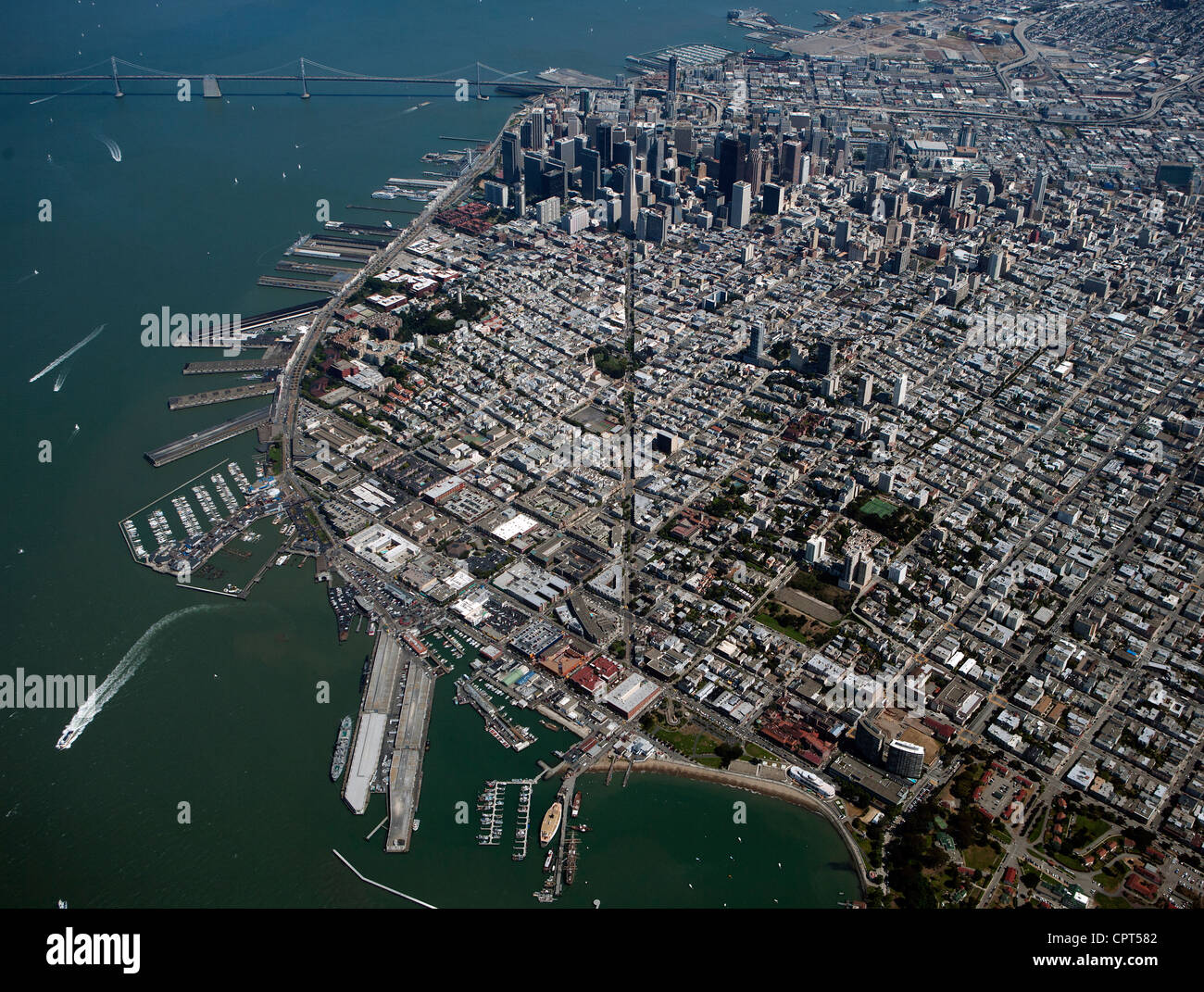 aerial photograph Aquatic Park Fishermans Wharf Columbus Avenue San Francisco California Stock Photo