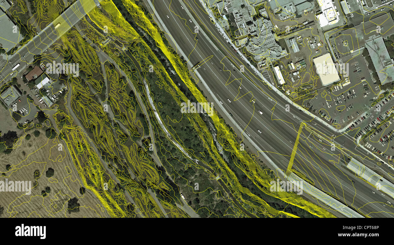 aerial photo map of contour lines placed over aerial ortho photograph of Guadalupe River San Jose California Stock Photo