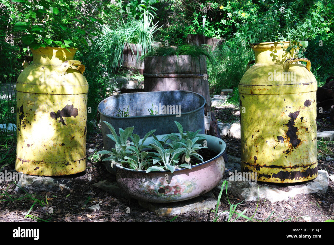 Vintage milk cans and wash basins, Texas, USA Stock Photo
