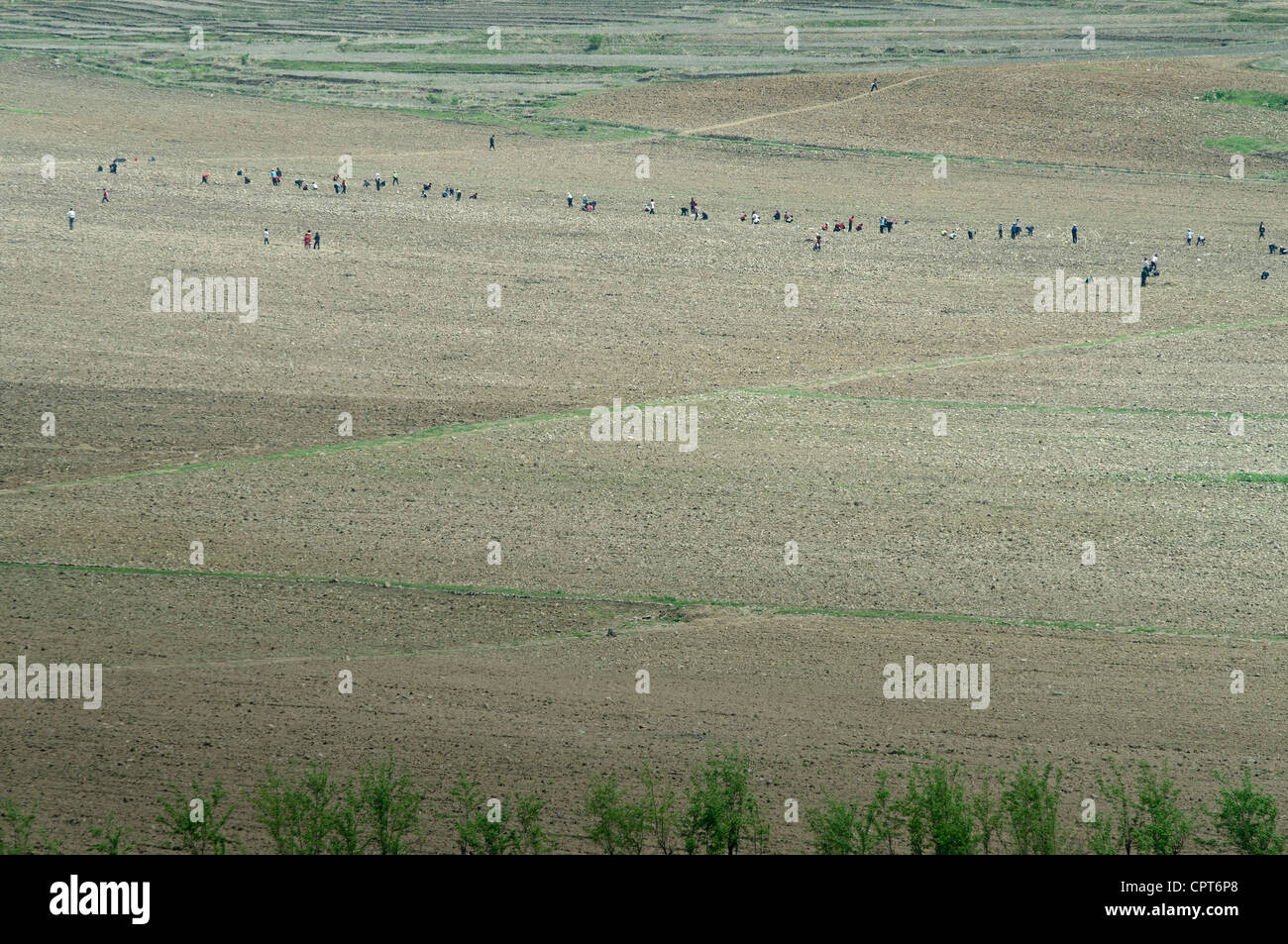 JI'AN, JILIN, CHINA; 20/05/2012. North Koreans are seen working in a field across the Yalu River. North Korea has been reporting a serious drought that could mean more food shortages in a country plagued by lack of sufficient food and harvest. Help is however unlikely to come from the United States or South Korea following Pyongyang's recent rocket launch. © Olli Geibel Stock Photo