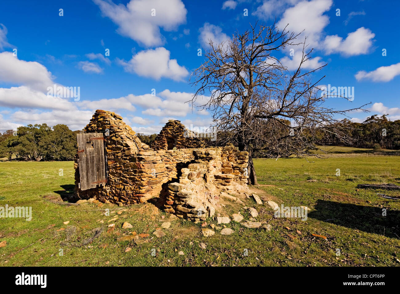 Campbelltown Australia  /  The ruins of gold prospectors  sandstone hut on farmland in the Victorian Central Goldfields. Stock Photo