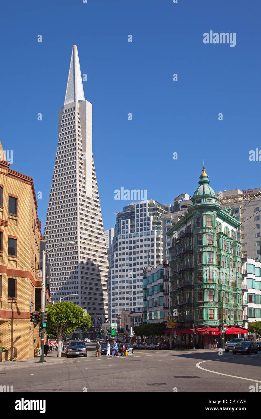 Transamerica Pyramid and Columbus Tower. San Francisco, California. Stock Photo