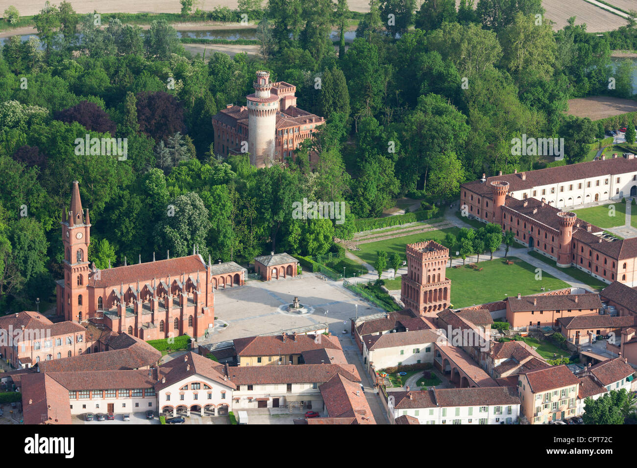 AERIAL VIEW. Historic square of Pollenzo. Cuneo Province, Piedmont, Italy. Stock Photo