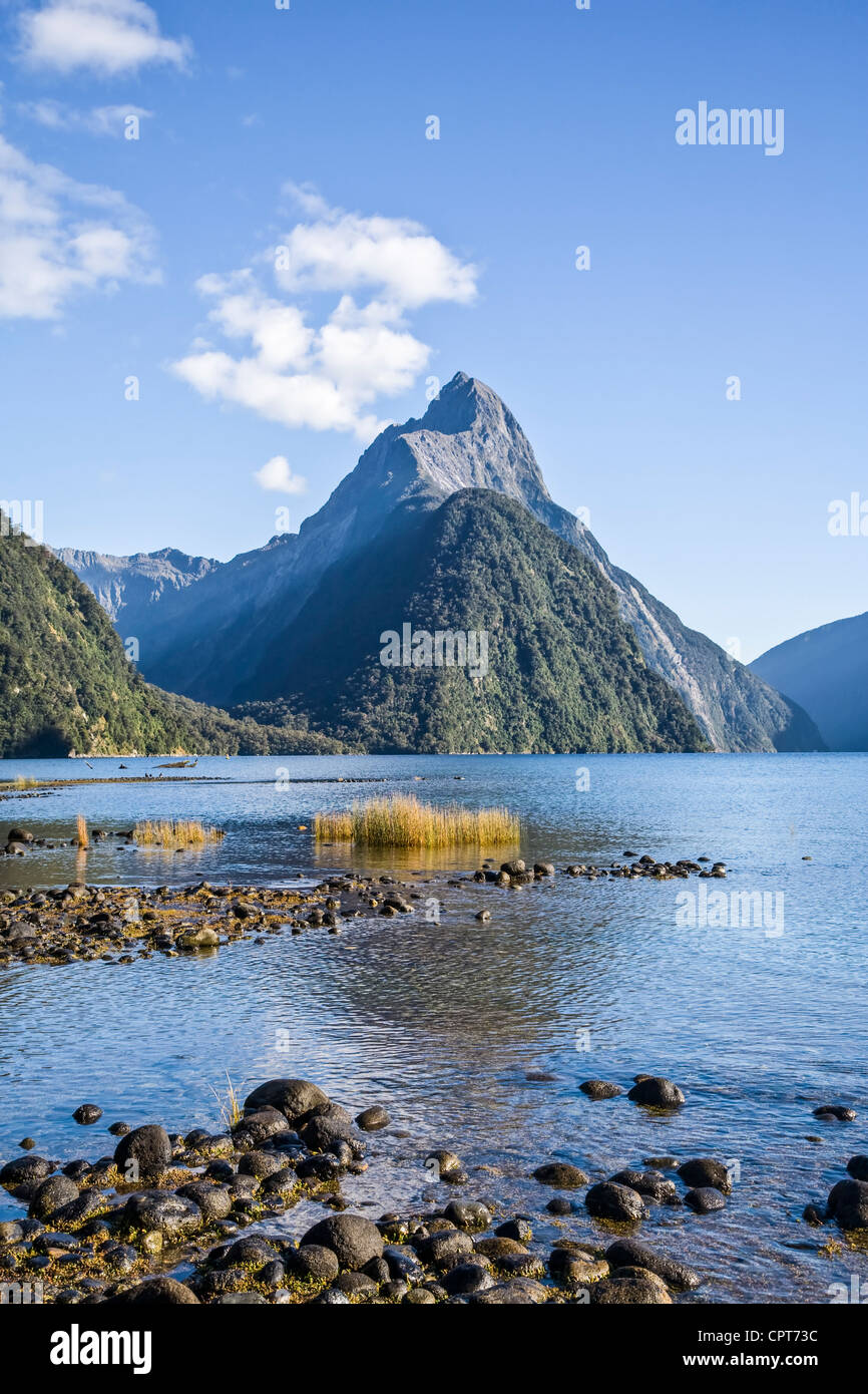Mitre Peak is the best known feature of Milford Sound, in New Zealand's Fiordland. Stock Photo