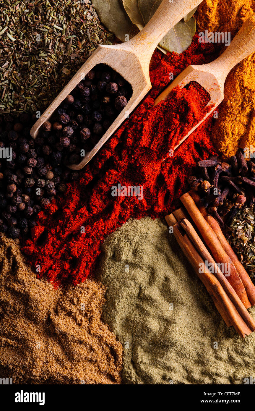 Background with different exotic spices Stock Photo