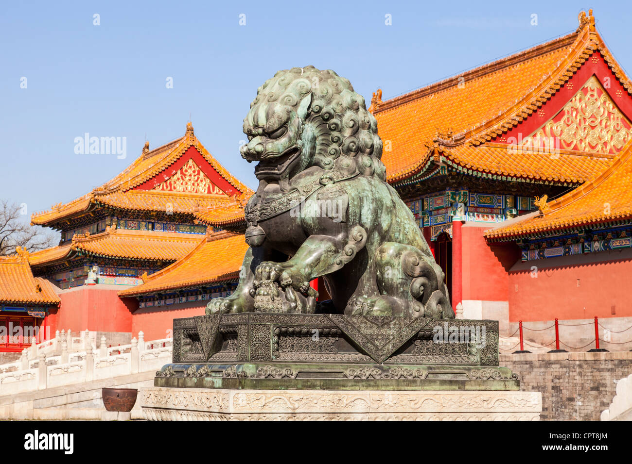 A bronze Lioness guarding the eastern approach to the Gtae of Supreme Harmony in the Forbidden City in Beijing, China Stock Photo