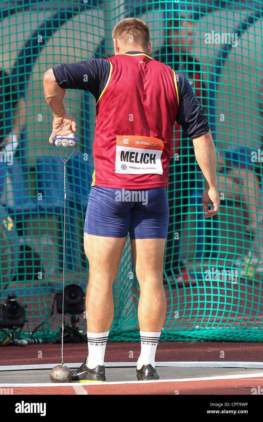 Lukas Melich (CZE) pictured Golden Spike Athletic meeting hammer throw competition May 24 2012 Aleksey Zagornyi finished third Stock Photo