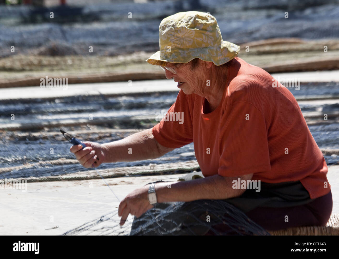 Positive surprised female angler holds fishing net full of fishing net  wears black hat and raincoat Stock Photo by wayhomestudioo