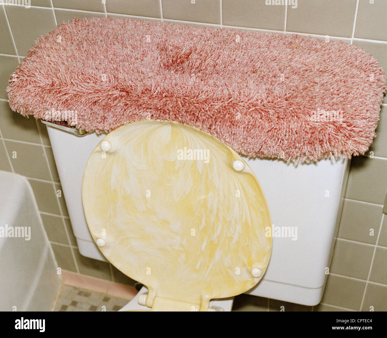 Toilet with pink rug on cistern Stock Photo