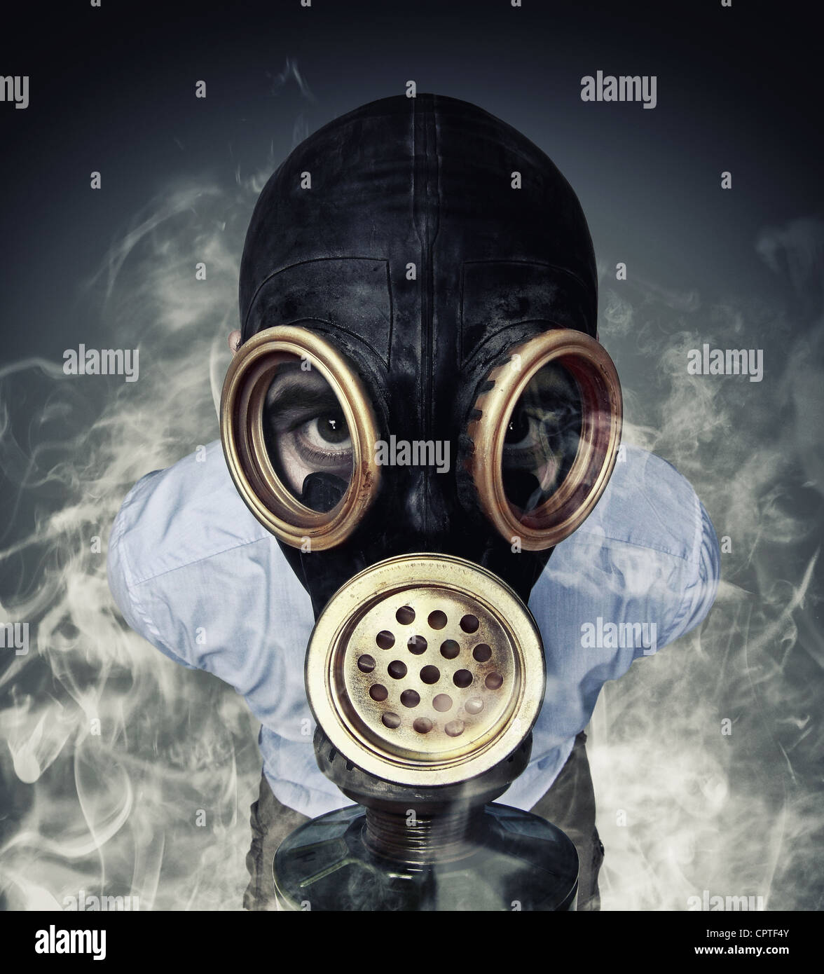 funny portrait of man with gas mask and smoke Stock Photo - Alamy