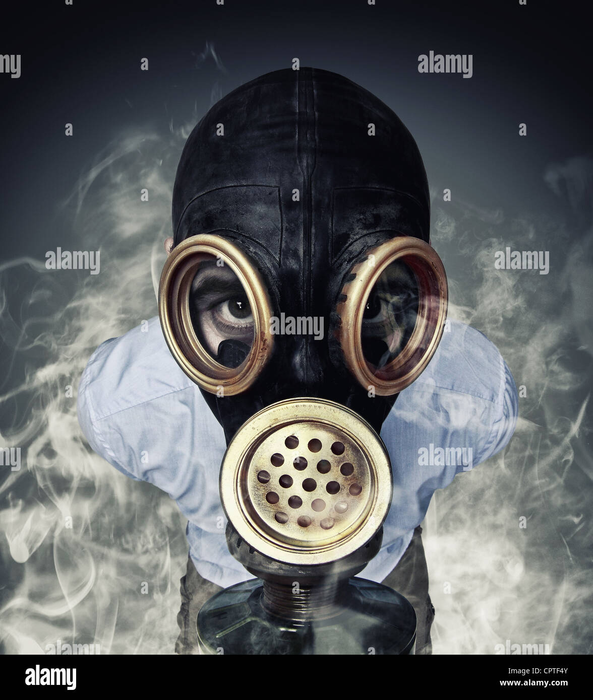 Funny Portrait Of Man With Gas Mask And Smoke Stock Photo Alamy