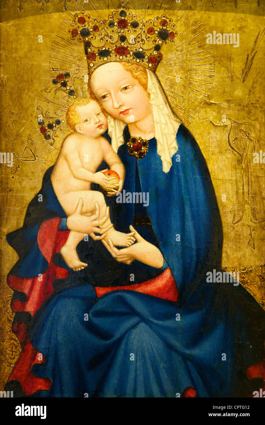 Virgin Mary and infant Jesus holding an apple, 15th century painting, by Boheme,  Musee du Louvre, Museum, Paris, France Stock Photo