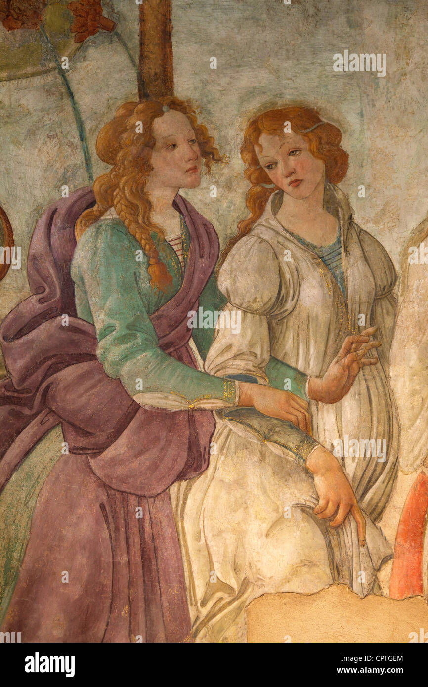 Detail of Venus and Three Graces offering gifts to a young lady, by Sandro Botticelli, 1483-1485, Musee du Louvre Museum, Paris, Stock Photo