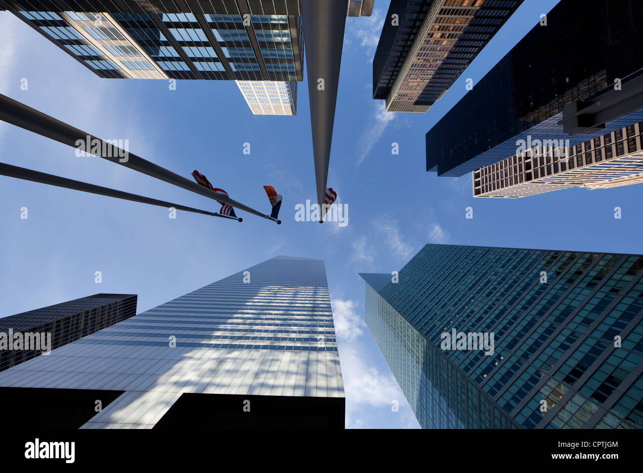 Looking up at skyscrapers in Midtown Manhattan, New York City Stock Photo