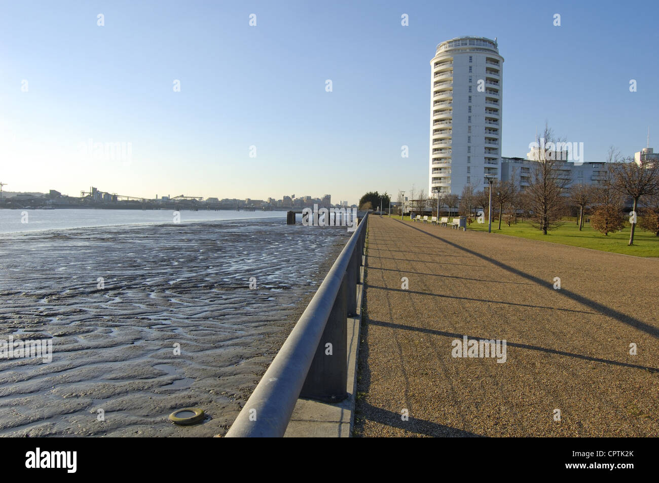 Waterfront and apartment building at Thames Barrier Park in London