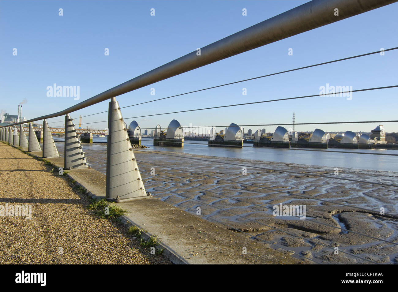 Waterfront railing at Thames Barrier Park in London, England Stock