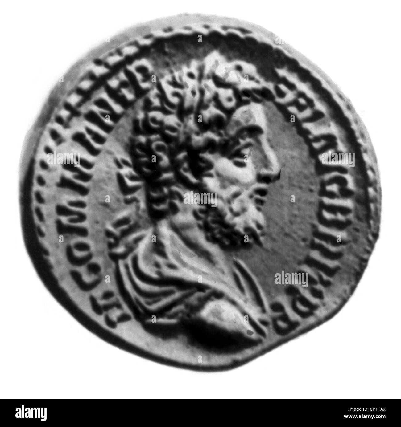 Commodus, Marcus Aurelius Antoninus, 31.8.161 - 31.12.192, Roman Emperor 17.3.180 - 31.12.192, portrait, exergue, circa 185, Ant Stock Photo