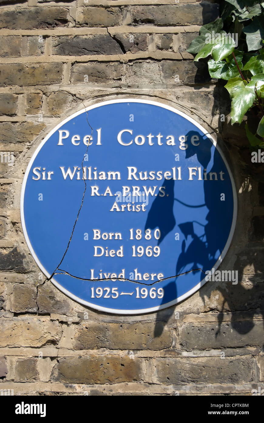 blue plaque marking peel cottage, a home of artist sir william russell flint, kensington, london, england Stock Photo