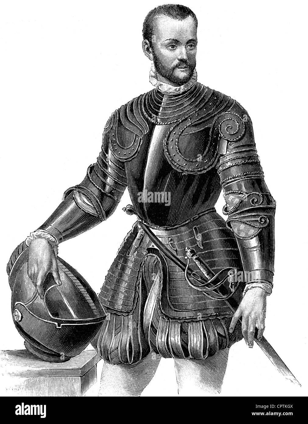 Alfonso II, 22.11.1533 - 27.10.1597. Duke of Ferrara, Modena and Reggio 3.10.1559 - 27.10.1597, half length, wood engraving, 19th century, Stock Photo
