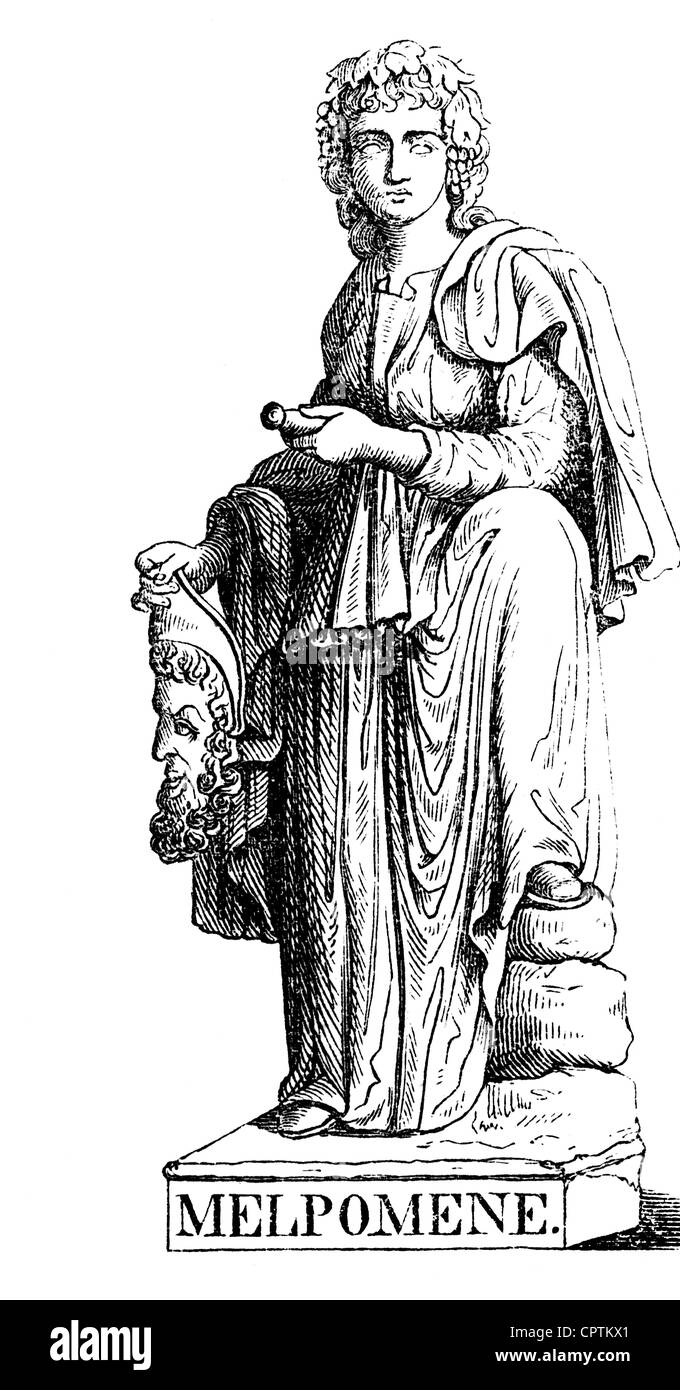 Muses, protectresses of the fine arts in of the Greek mythology, Melpomene, muse of the tragedy, wood engraving, 19th century, Stock Photo