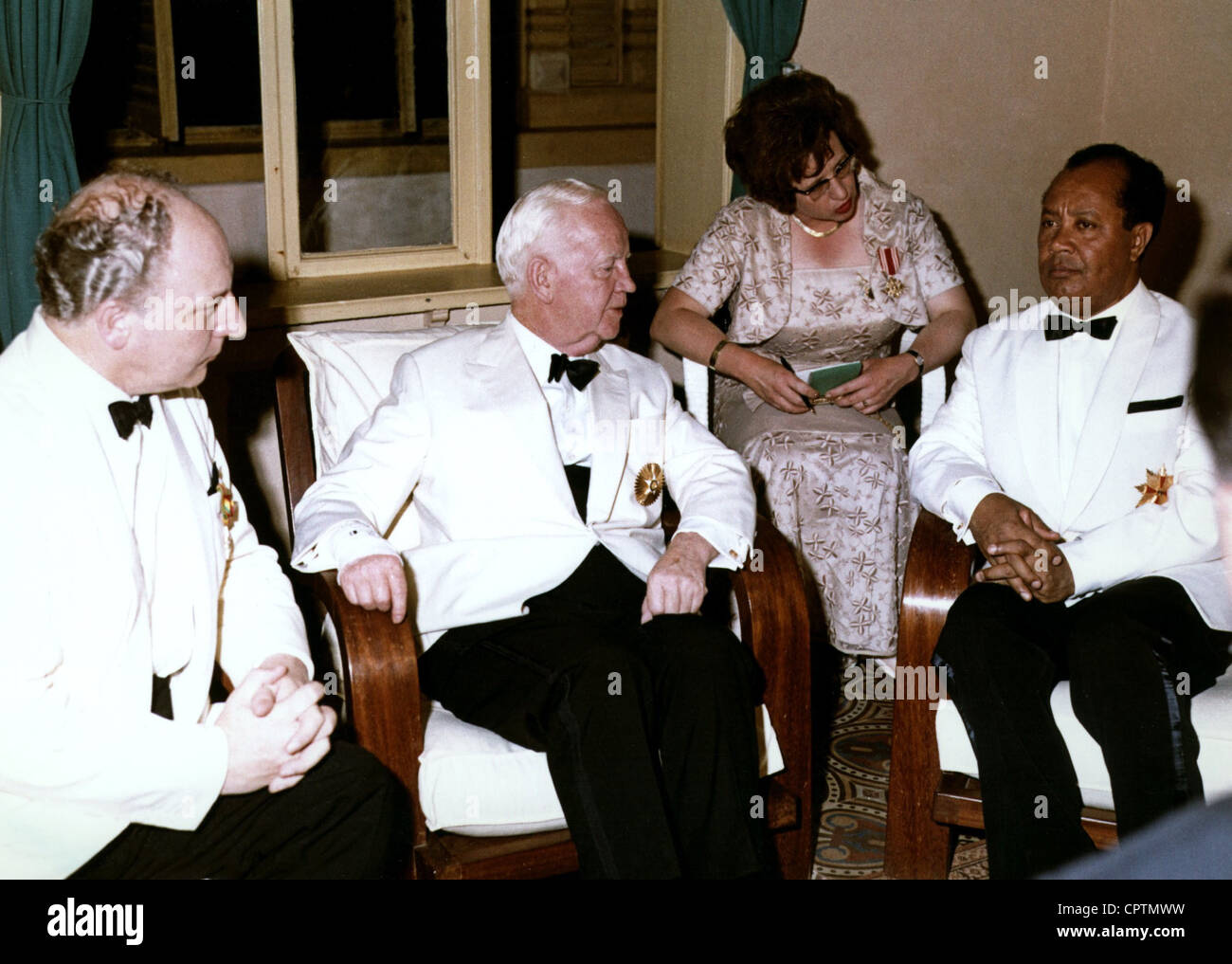 Luebke, 14.10.1894 - 6.4.1972, German politician, President of Germany 1959 - 1969, state visit to Togo, half length, talking with President Nicolas Grunitzky, Lome, 4.3.1966, Stock Photo